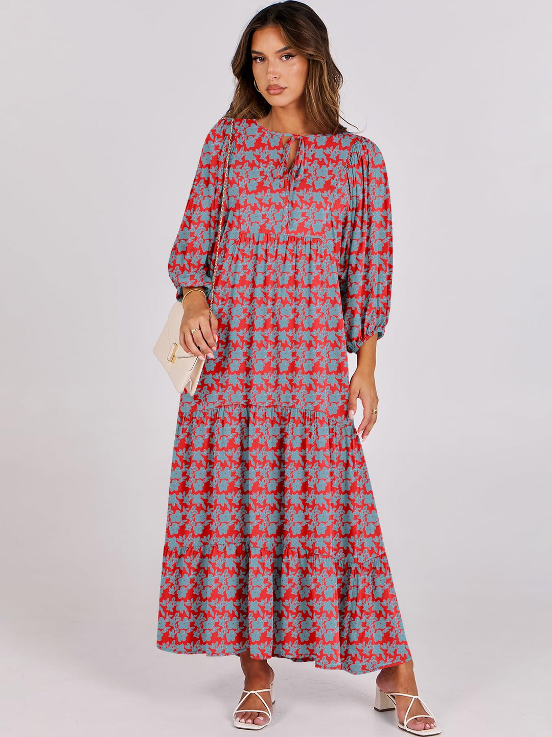 ANRABESS Womens Boho Maxi Dresses 2025 Summer V Neck Puff Sleeve Floral Flowy Swing Fall Casual Long Dress