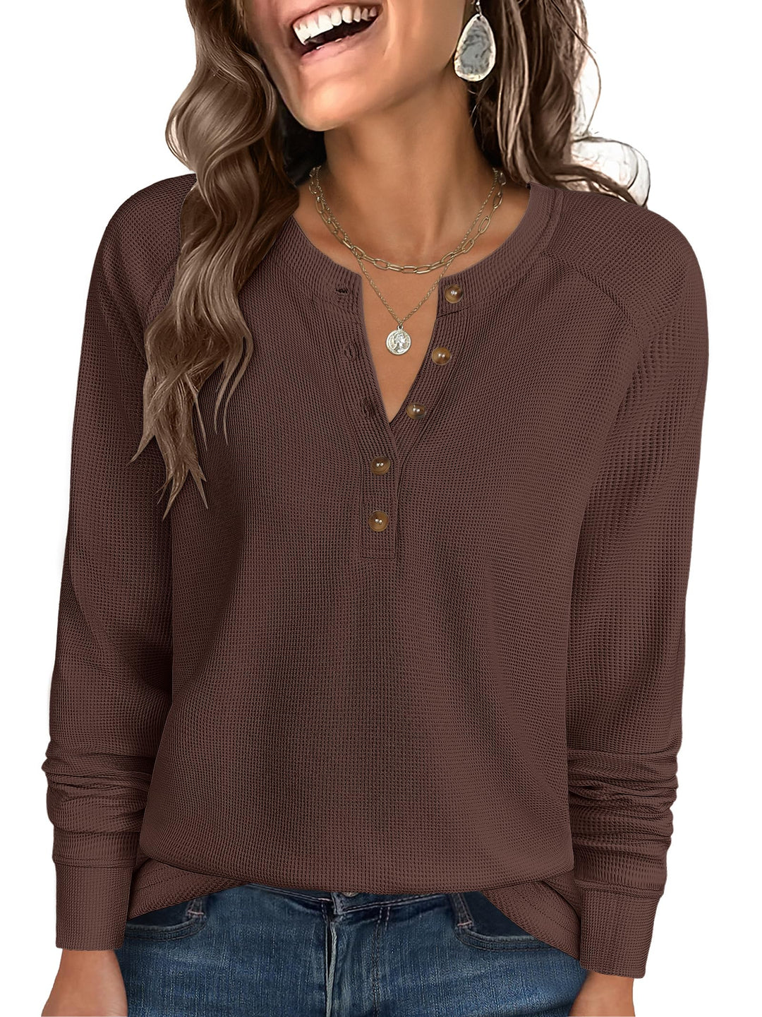 ANRABESS Women's Long Sleeve Waffle Knit Shirts Dressy Casual Loose Button Up V Neck Henley Tops 2025 Fall Basic Tee Blouse