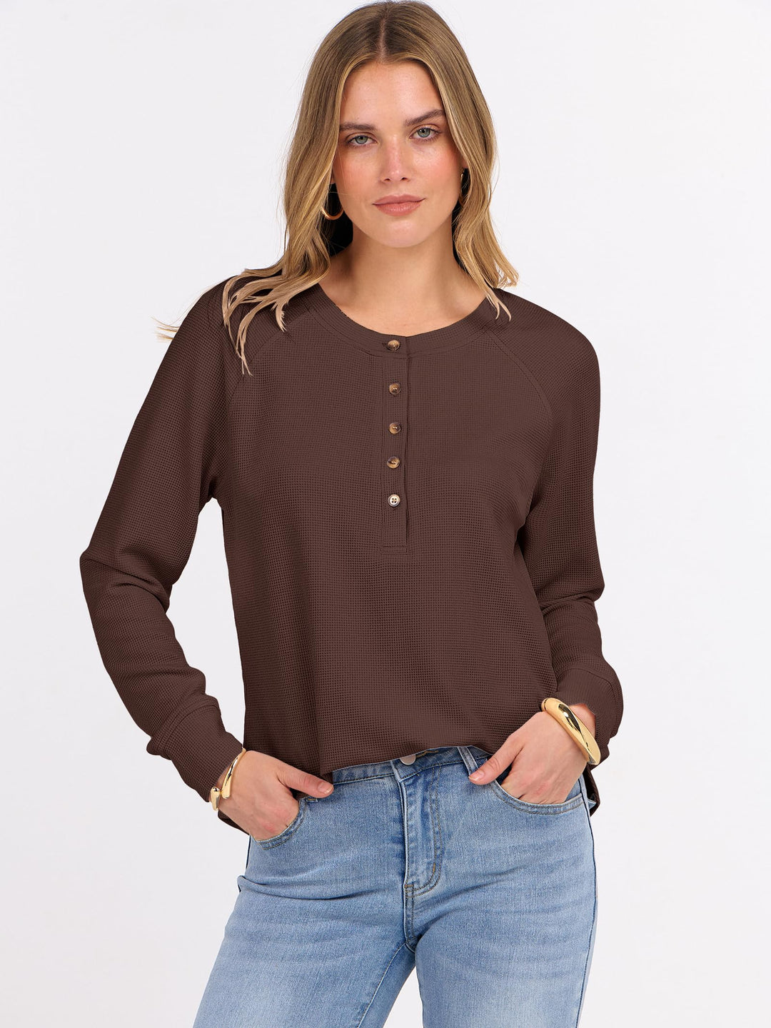 ANRABESS Women's Long Sleeve Waffle Knit Shirts Dressy Casual Loose Button Up V Neck Henley Tops 2025 Fall Basic Tee Blouse
