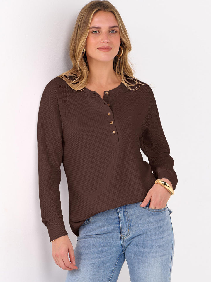 ANRABESS Women's Long Sleeve Waffle Knit Shirts Dressy Casual Loose Button Up V Neck Henley Tops 2025 Fall Basic Tee Blouse