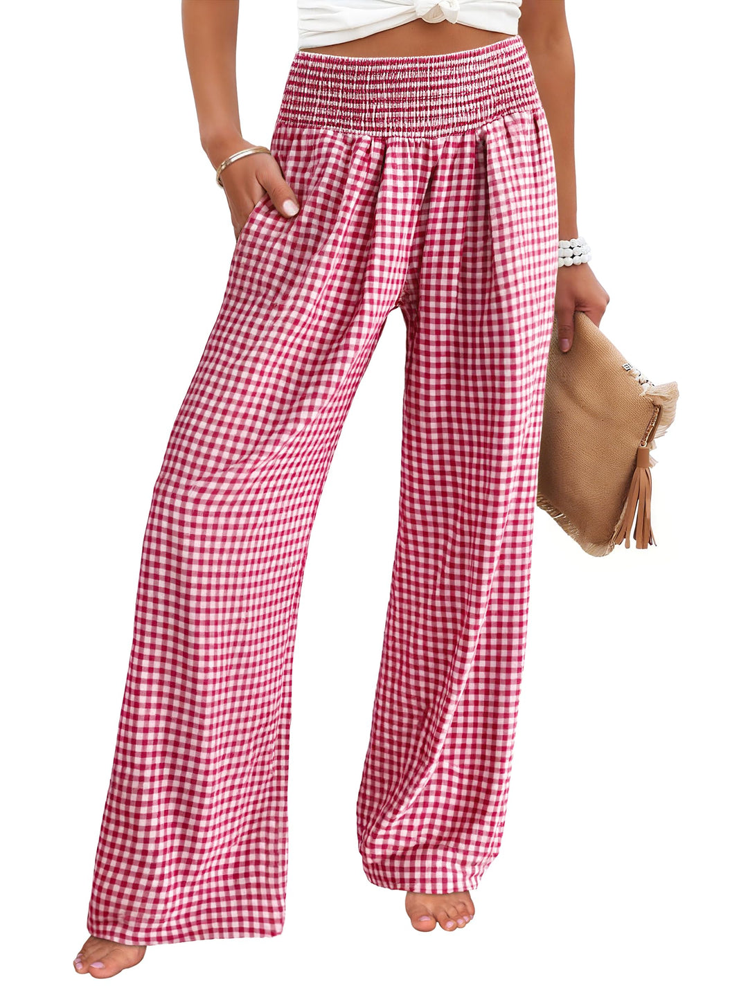 ANRABESS Womens Striped Gingham Palazzo Pants Wide Leg High Waisted Lounge Pajama Pants Cute Casual Trousers with Pockets