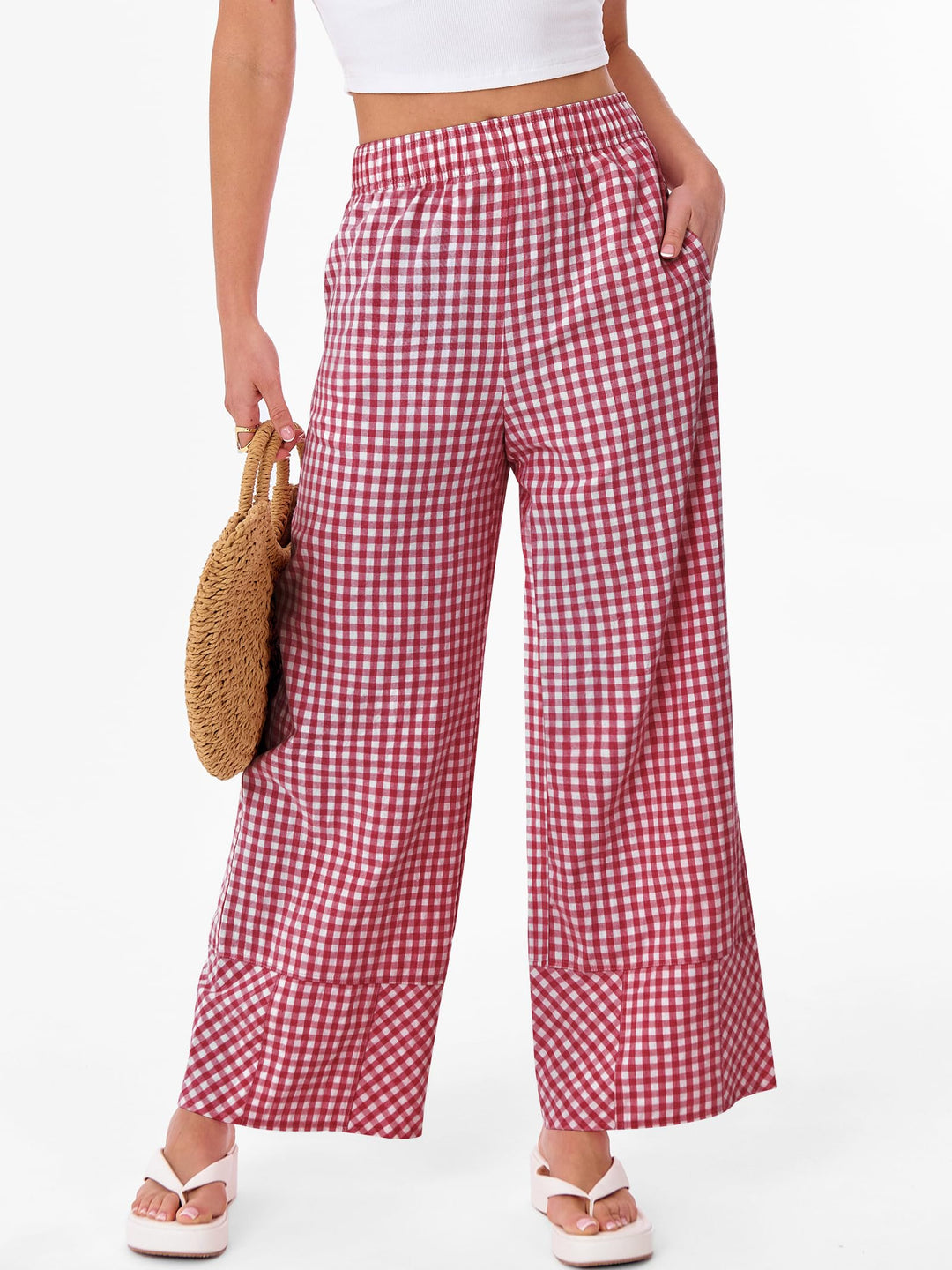 ANRABESS Womens Gingham Striped Boxer Pants Pajama Lounge PJ Bottoms Plaid Wide Leg Casual Cute Fall Trousers with Pockets