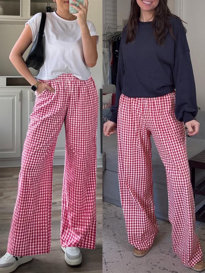 ANRABESS Womens Striped Gingham Palazzo Pants Wide Leg High Waisted Lounge Pajama Pants Cute Casual Trousers with Pockets