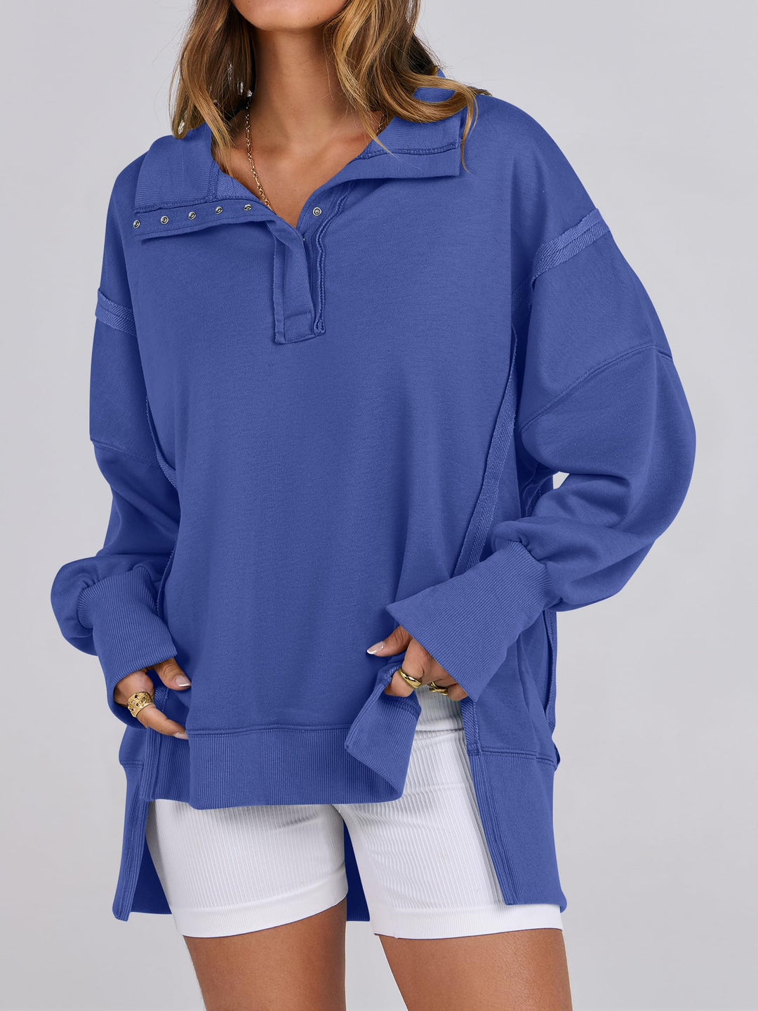 ANRABESS Women's Sweatshirts Oversized Casual Loose Button Up Henley Pullover Top High Low Split 2025 Fall Fashion Outfits