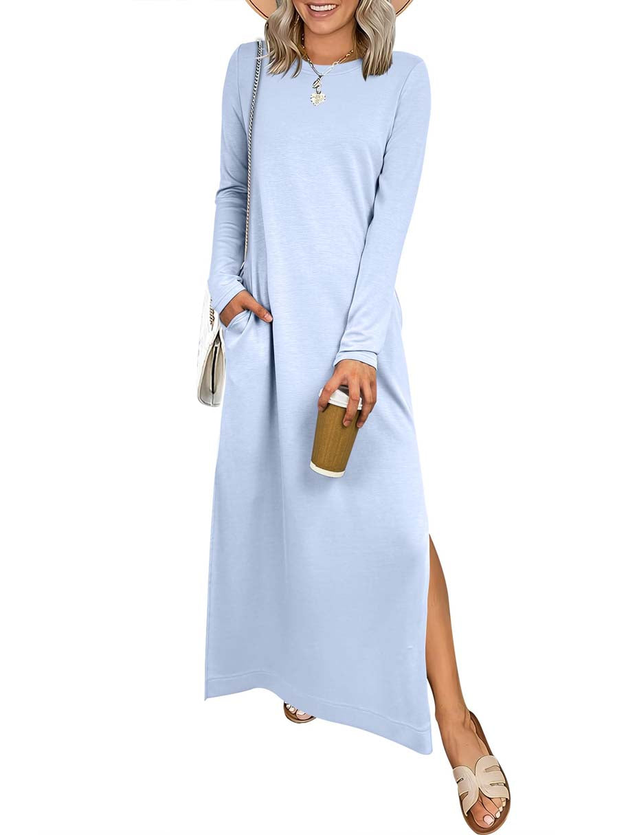 ANRABESS Women Long Sleeve Dresses 2025 Fall Casual Crewneck Loose Fit Split Flowy Wrinkle-Free Travel Vacation Maxi Dress