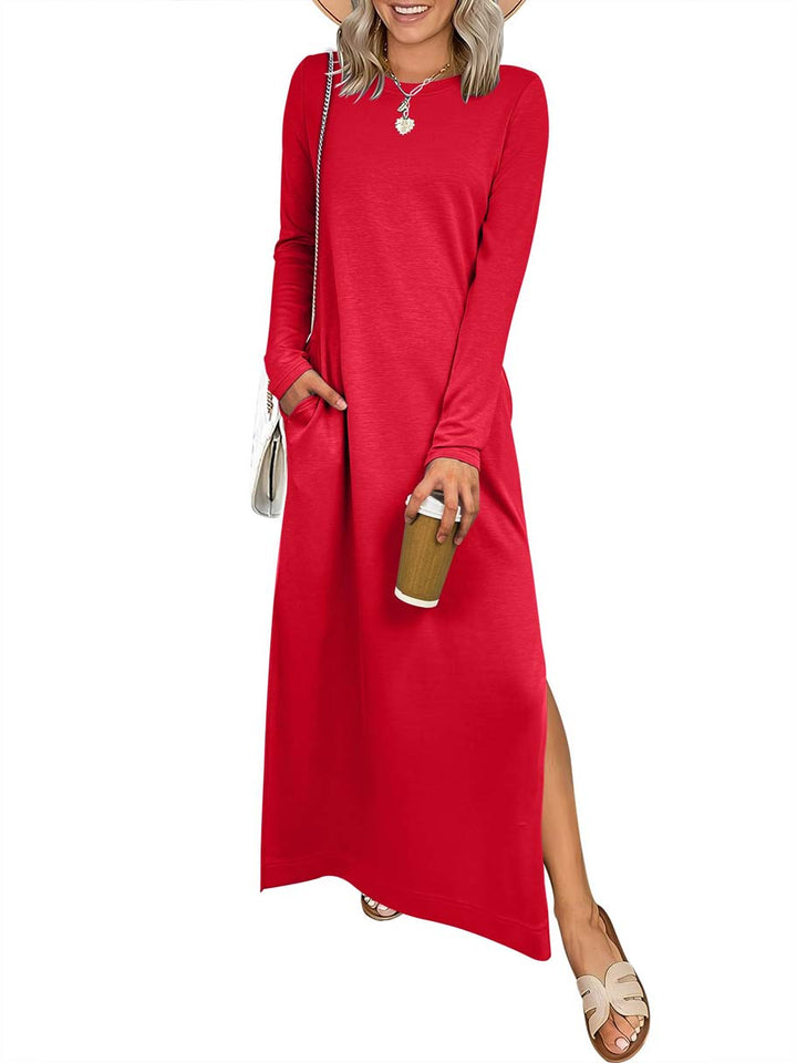 ANRABESS Women Long Sleeve Dresses 2025 Fall Casual Crewneck Loose Fit Split Flowy Wrinkle-Free Travel Vacation Maxi Dress