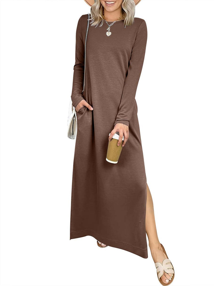 ANRABESS Women Long Sleeve Dresses 2025 Fall Casual Crewneck Loose Fit Split Flowy Wrinkle-Free Travel Vacation Maxi Dress