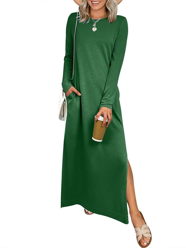 ANRABESS Women Long Sleeve Dresses 2025 Fall Casual Crewneck Loose Fit Split Flowy Wrinkle-Free Travel Vacation Maxi Dress
