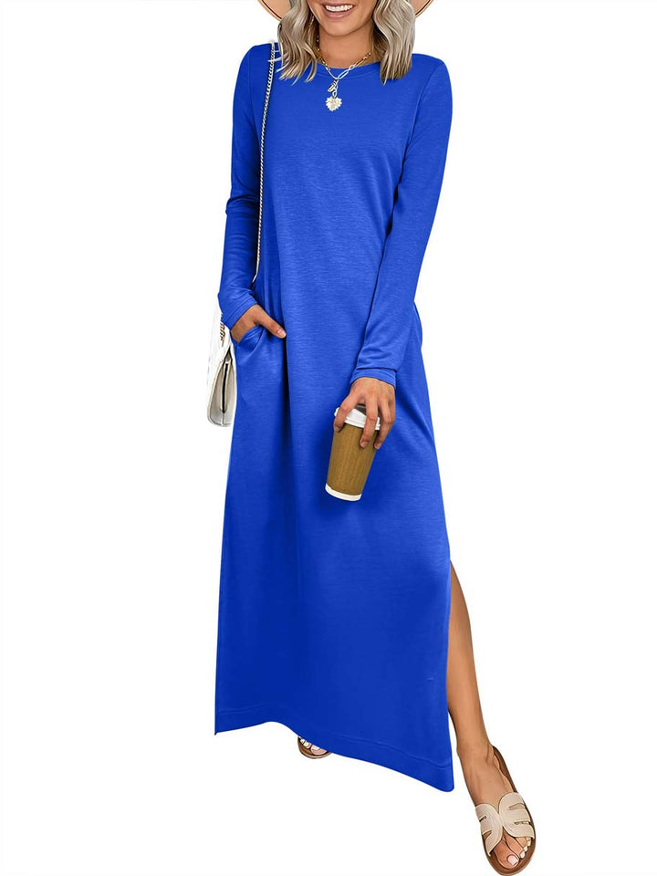 ANRABESS Women Long Sleeve Dresses 2025 Fall Casual Crewneck Loose Fit Split Flowy Wrinkle-Free Travel Vacation Maxi Dress