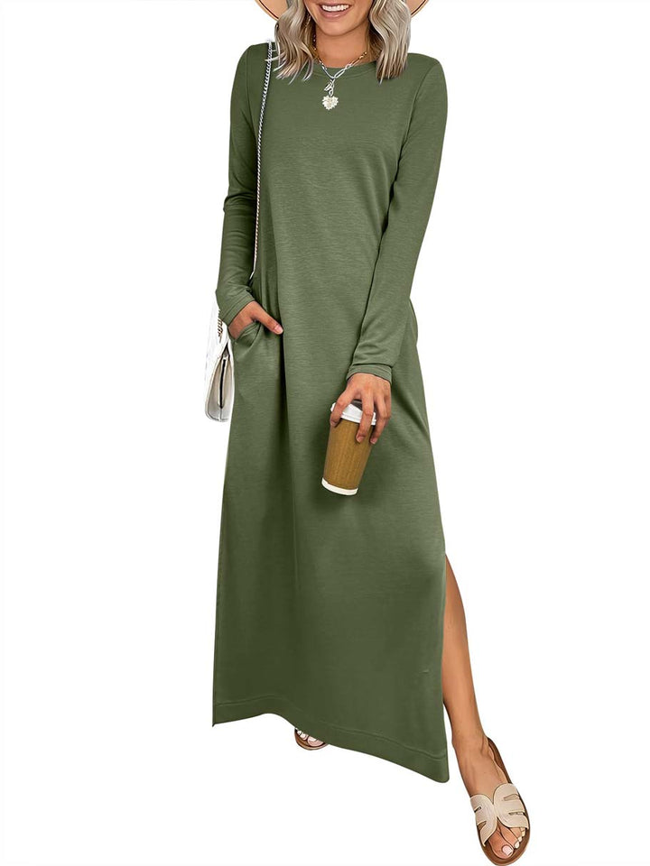 ANRABESS Women Long Sleeve Dresses 2025 Fall Casual Crewneck Loose Fit Split Flowy Wrinkle-Free Travel Vacation Maxi Dress