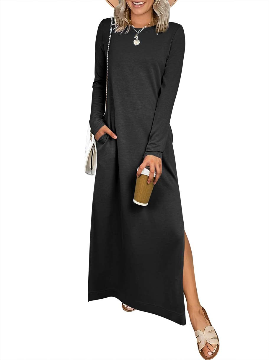 ANRABESS Women Long Sleeve Dresses 2025 Fall Casual Crewneck Loose Fit Split Flowy Wrinkle-Free Travel Vacation Maxi Dress