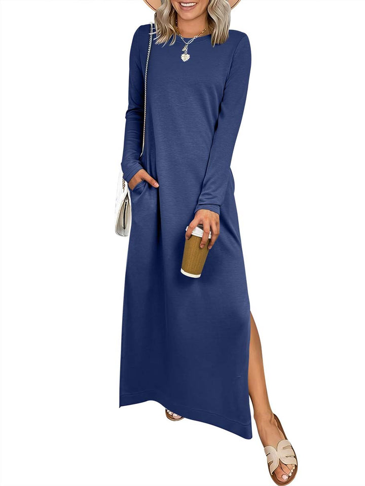 ANRABESS Women Long Sleeve Dresses 2025 Fall Casual Crewneck Loose Fit Split Flowy Wrinkle-Free Travel Vacation Maxi Dress