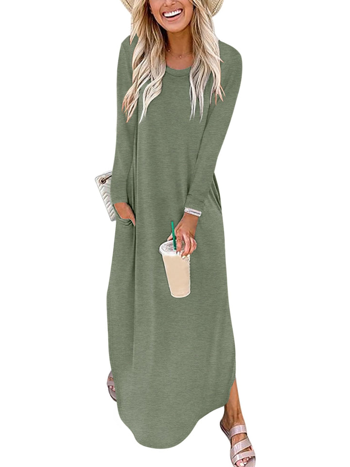 ANRABESS Women's Long Sleeve Maxi Dresses 2025 Fall Outfits Casual Loose Split Travel Vacation T Shirt Dress with Pockets