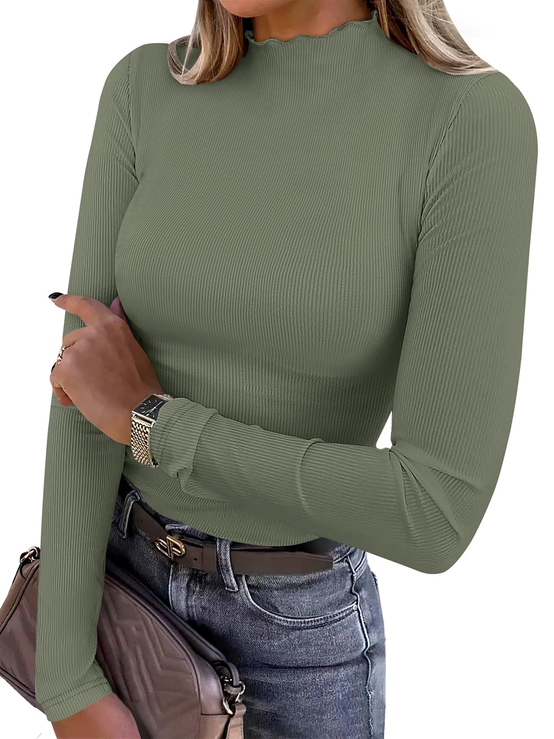 ANRABESS Women's Lettuce Trim Mock Neck Long Sleeve Tops 2025 Casual Dressy Ribbed Knit Slim Fit Tee Shirt Fall Layer Outfits