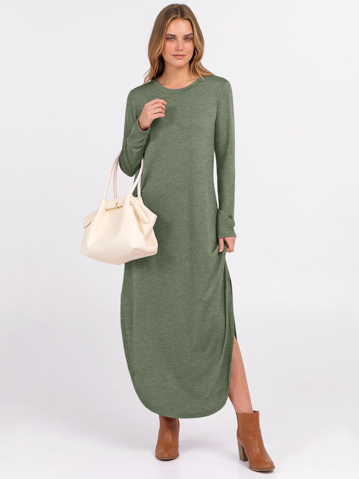 ANRABESS Women's Long Sleeve Maxi Dresses 2025 Fall Outfits Casual Loose Split Travel Vacation T Shirt Dress with Pockets