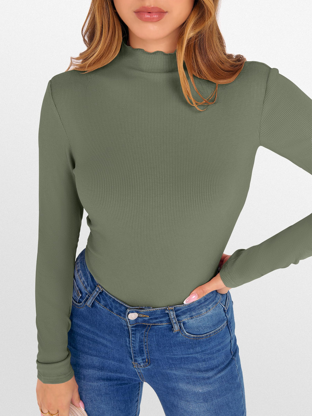ANRABESS Women's Lettuce Trim Mock Neck Long Sleeve Tops 2025 Casual Dressy Ribbed Knit Slim Fit Tee Shirt Fall Layer Outfits
