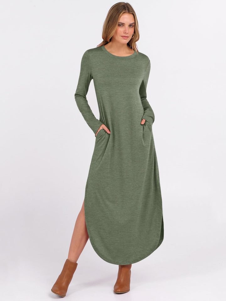 ANRABESS Women's Long Sleeve Maxi Dresses 2025 Fall Outfits Casual Loose Split Travel Vacation T Shirt Dress with Pockets