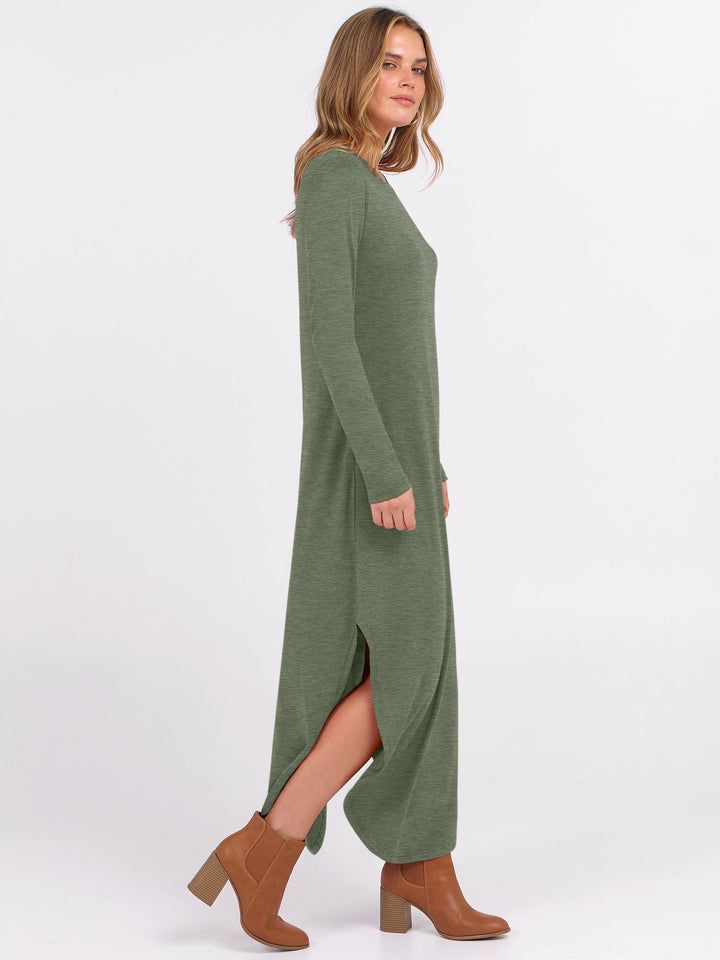 ANRABESS Women's Long Sleeve Maxi Dresses 2025 Fall Outfits Casual Loose Split Travel Vacation T Shirt Dress with Pockets