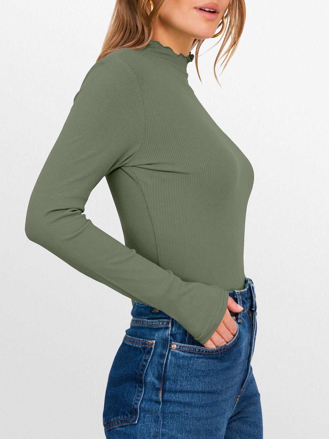 ANRABESS Women's Lettuce Trim Mock Neck Long Sleeve Tops 2025 Casual Dressy Ribbed Knit Slim Fit Tee Shirt Fall Layer Outfits