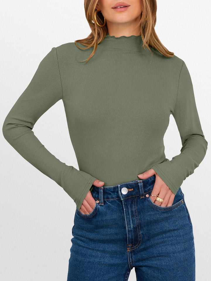 ANRABESS Women's Lettuce Trim Mock Neck Long Sleeve Tops 2025 Casual Dressy Ribbed Knit Slim Fit Tee Shirt Fall Layer Outfits