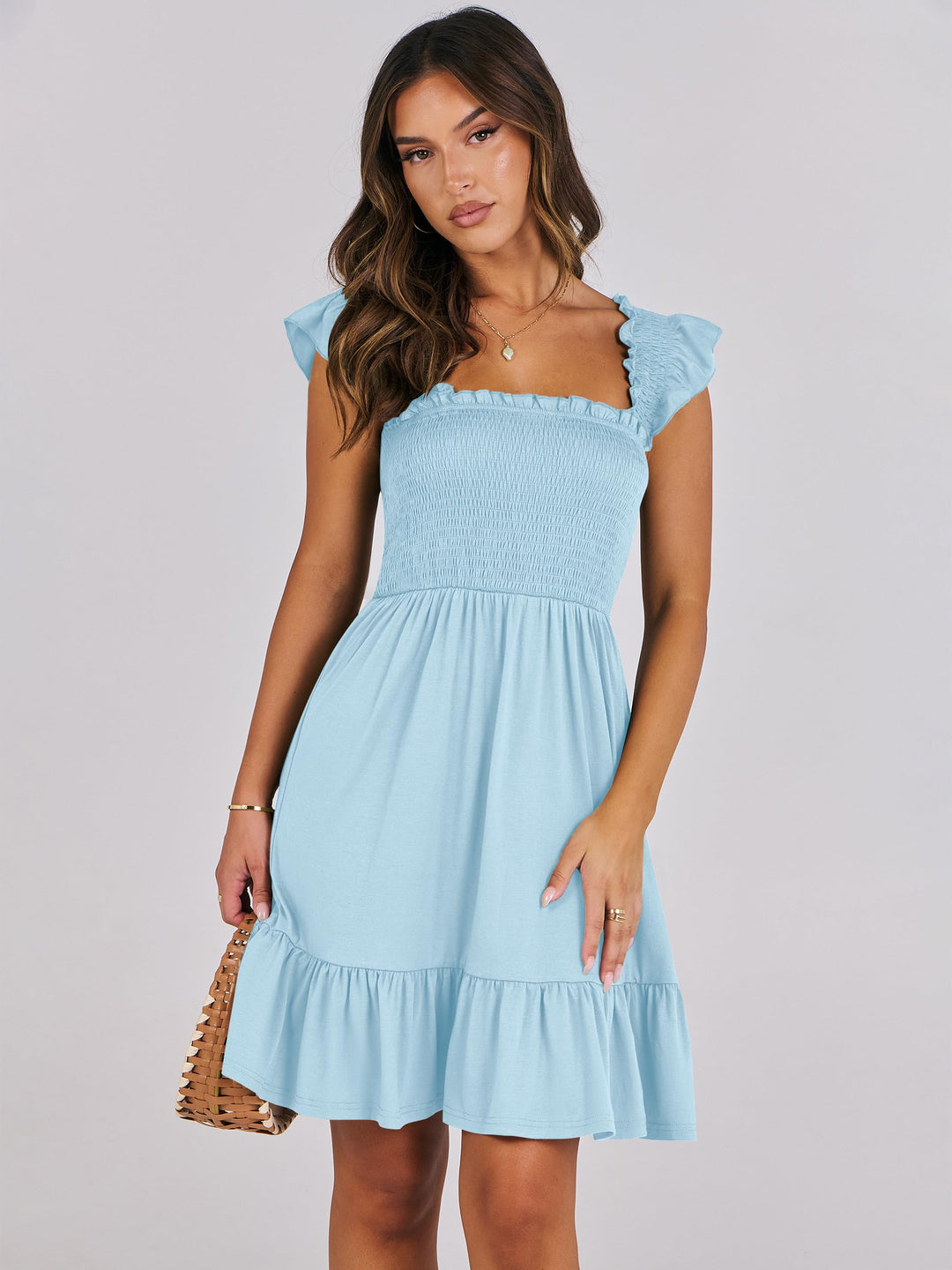 ANRABESS Women's Summer Casual Sleeveless Square Neck Dress 2025 Smocked Ruffle Backless Boho Beach Cute Teen Short Sundress