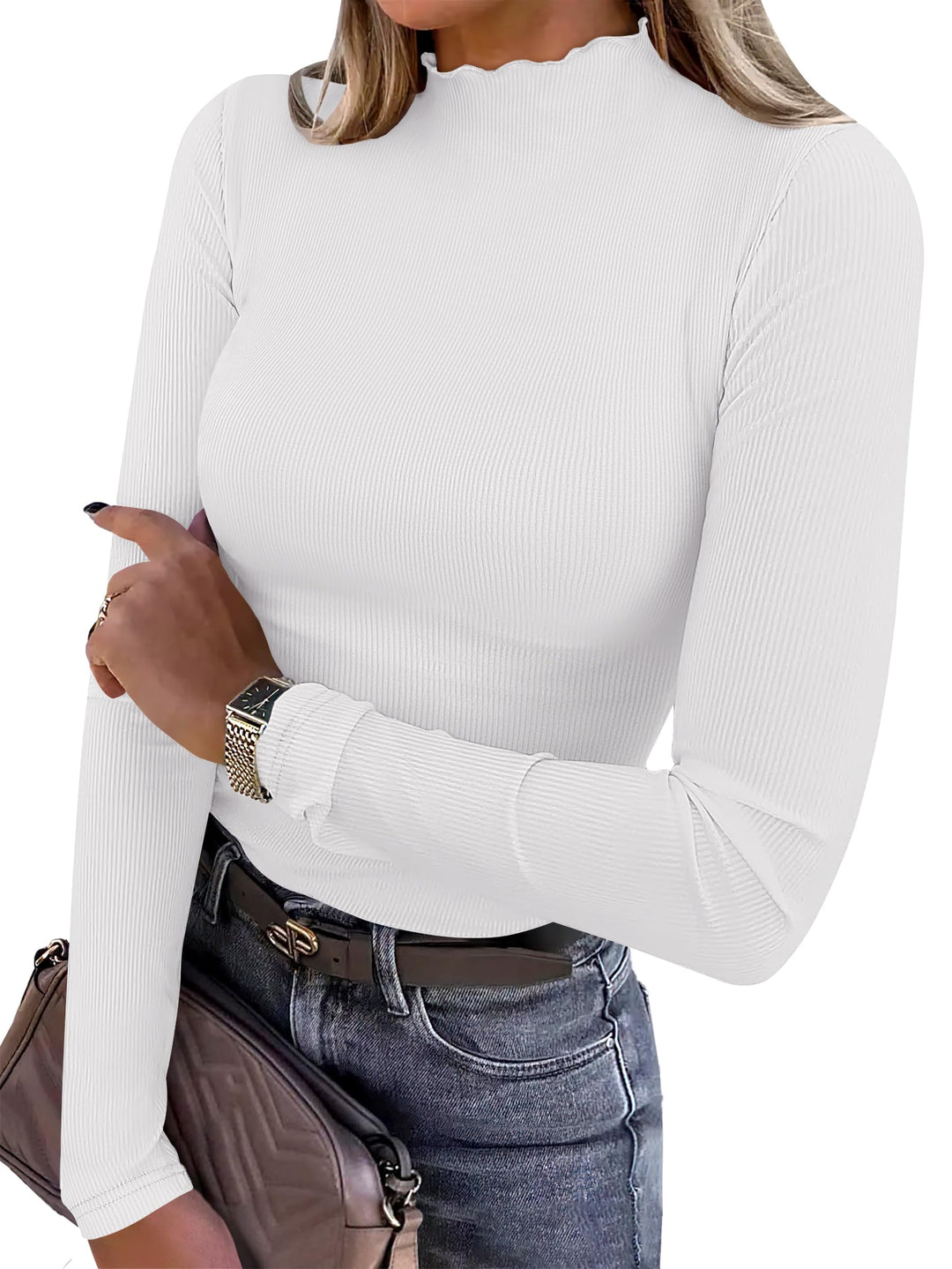 ANRABESS Women's Lettuce Trim Mock Neck Long Sleeve Tops 2025 Casual Dressy Ribbed Knit Slim Fit Tee Shirt Fall Layer Outfits