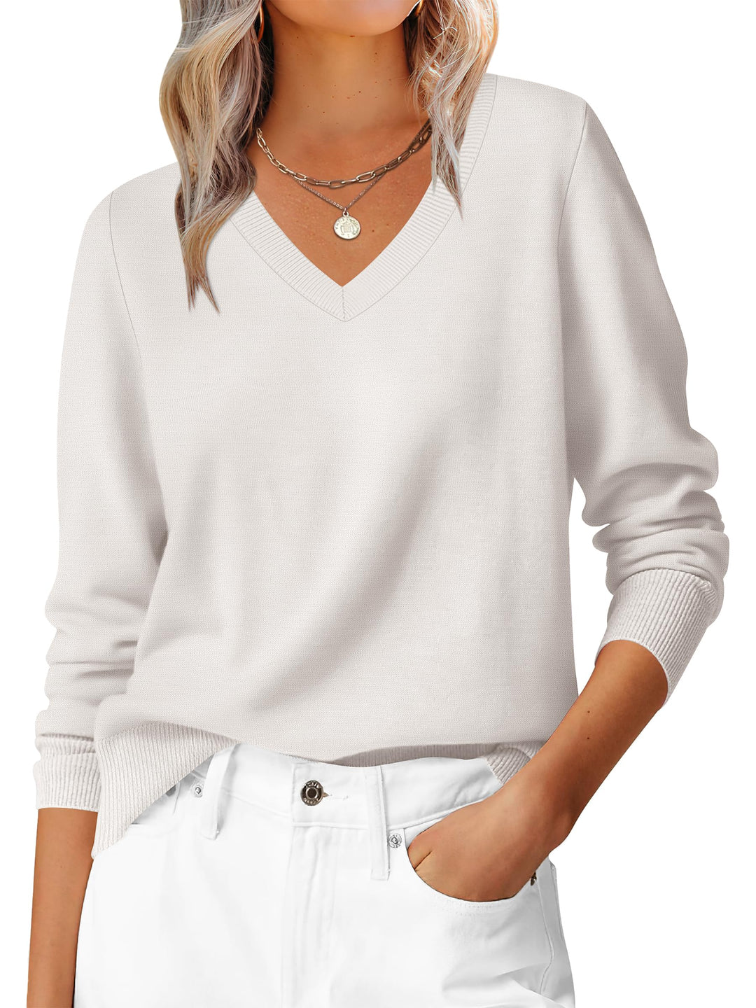 ANRABESS Womens Long Sleeve V Neck Sweaters 2025 Fall Fashion Wool Blend Work Pullover Top Travel Vacation Outfits