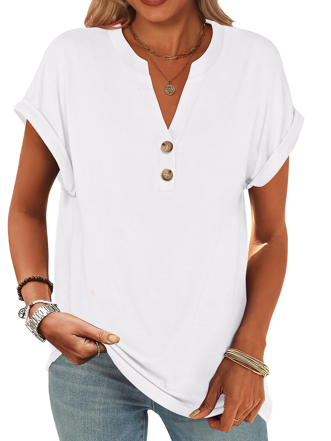 ANRABESS Womens Short Sleeve Henley Tops V Neck Dressy Casual Blouses Summer Trendy Tee Shirts 2025 Vacation Fashion Clothes