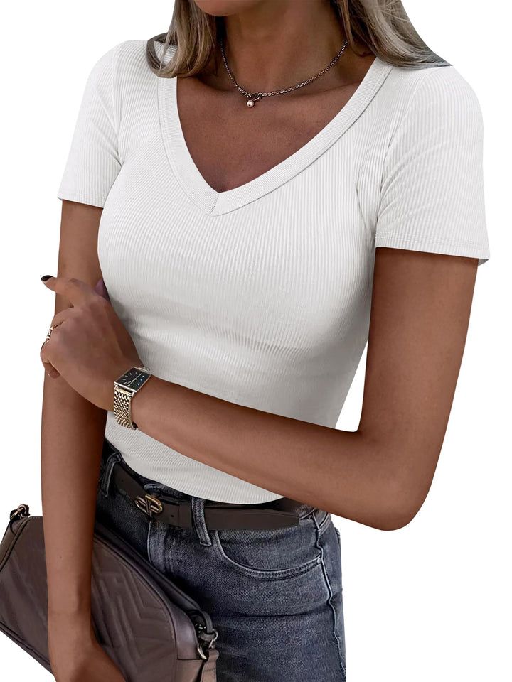 ANRABESS Fitted Ribbed V-Neck Short Sleeve Top