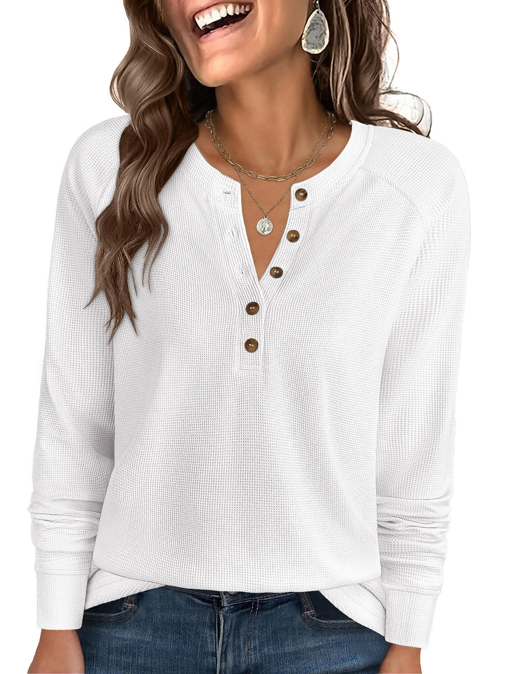 ANRABESS Women's Long Sleeve Waffle Knit Shirts Dressy Casual Loose Button Up V Neck Henley Tops 2025 Fall Basic Tee Blouse