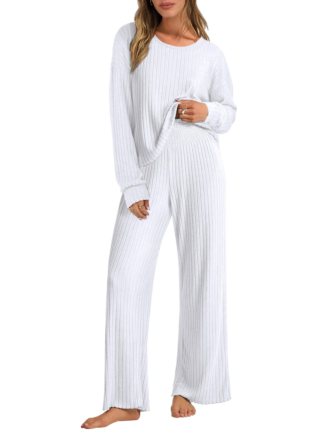 ANRABESS Women 2 Piece Lounge Pajamas Sets Casual Ribbed Knit Long Sleeve Top Pants Matching Set 2025 Fall Outfits Clothes