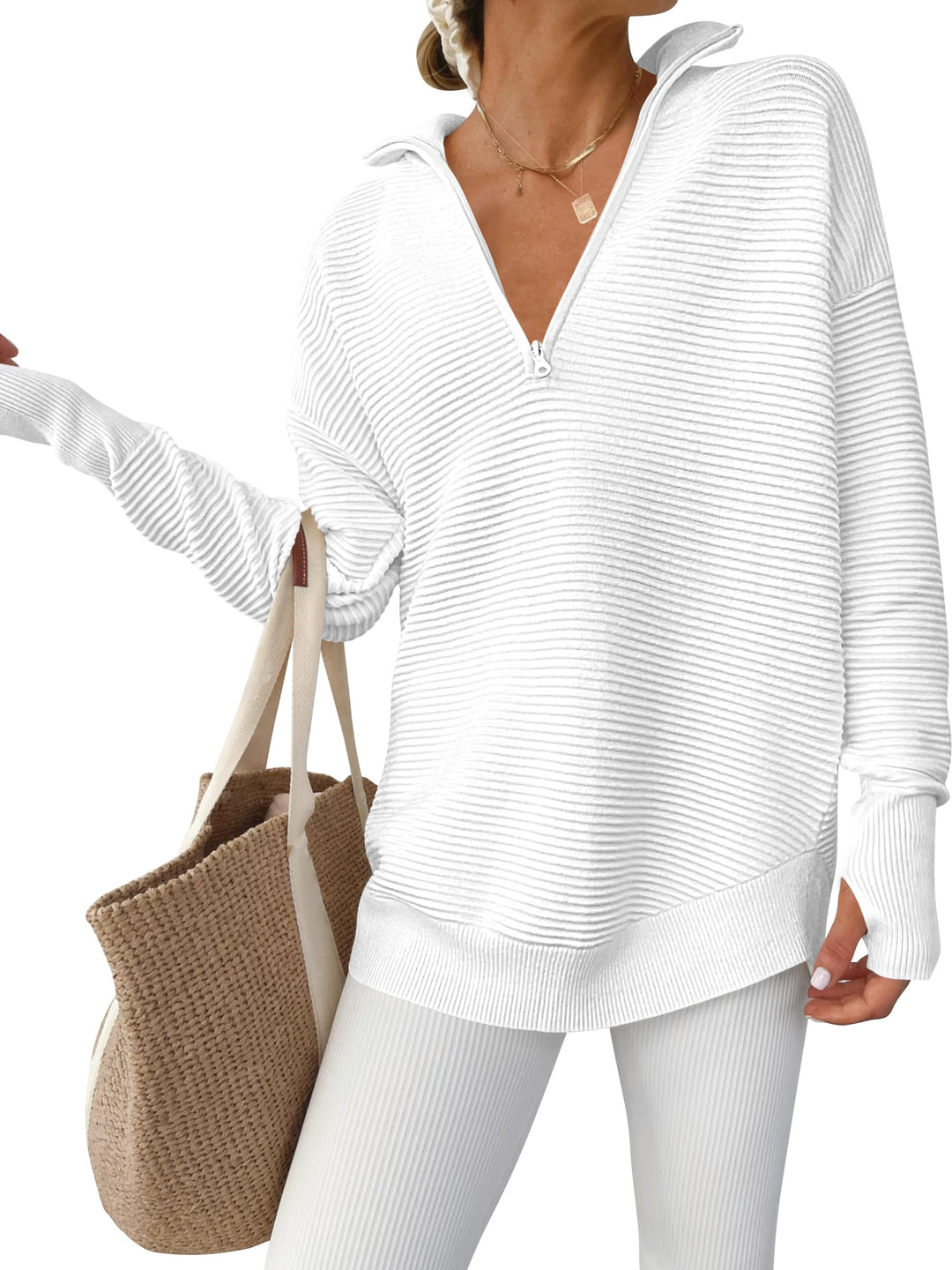 ANRABESS Womens Long Sleeve Quarter Zip Pullover Sweater Casual Loose V Neck Collared Ribbed Knit Jumper Tops Thumb Hole