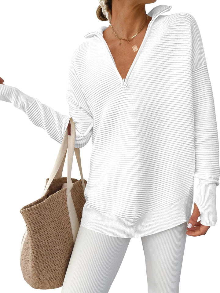 ANRABESS Womens Long Sleeve Quarter Zip Pullover Sweater Casual Loose V Neck Collared Ribbed Knit Jumper Tops Thumb Hole