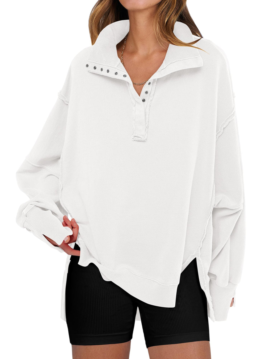 ANRABESS Women's Sweatshirts Oversized Casual Loose Button Up Henley Pullover Top High Low Split 2025 Fall Fashion Outfits