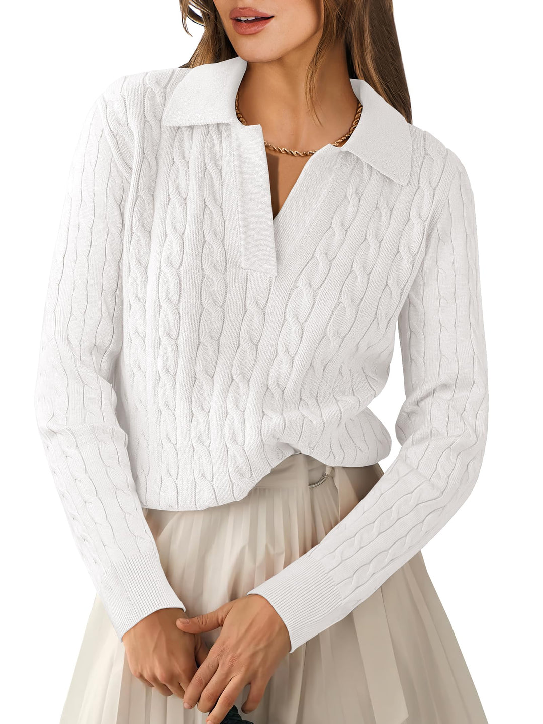 ANRABESS Womens Cable Knit Sweaters Long Sleeve V Neck Sweater Tops Casual Pullover Polo Shirts 2025 Fall Fashion Outfits