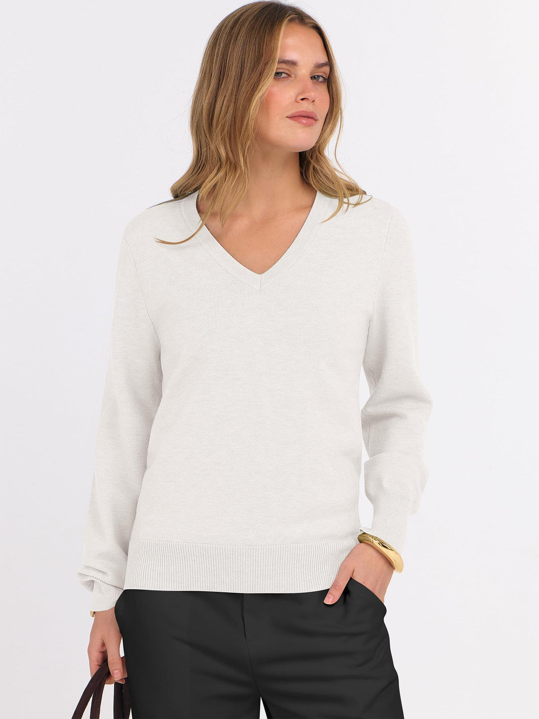 ANRABESS Womens Long Sleeve V Neck Sweaters 2025 Fall Fashion Wool Blend Work Pullover Top Travel Vacation Outfits