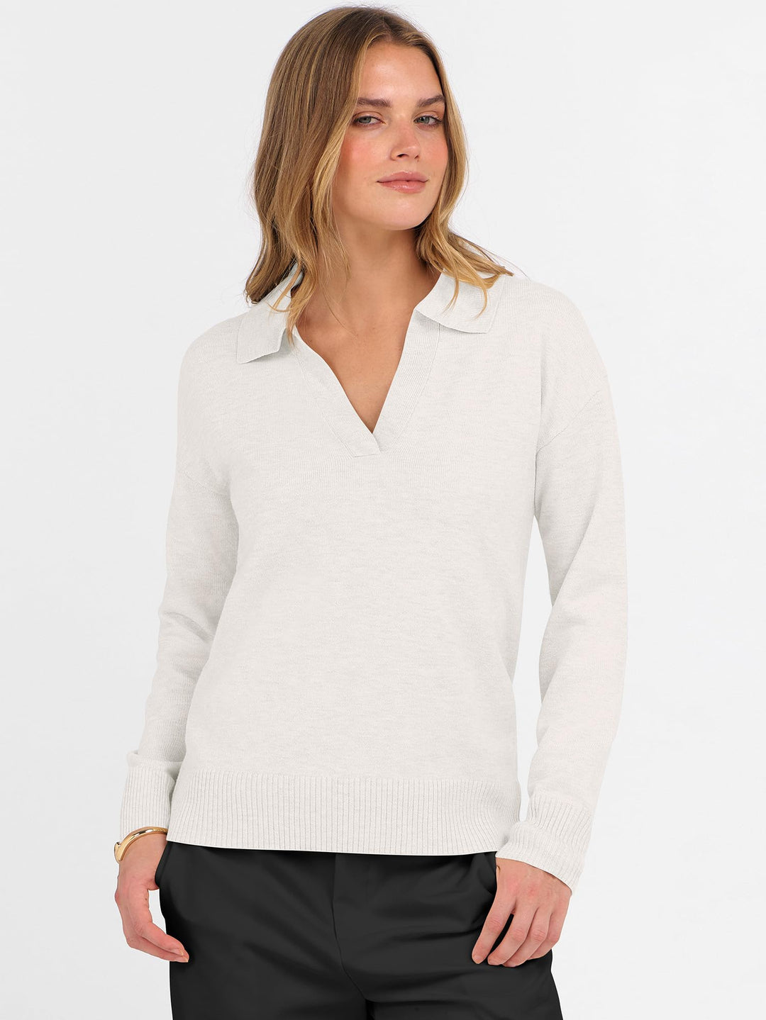 ANRABESS Womens Polo V Neck Long Sleeve Sweaters Lightweight Dressy Casual Business Basic Knit Pullover Top 2025 Fall Outfits