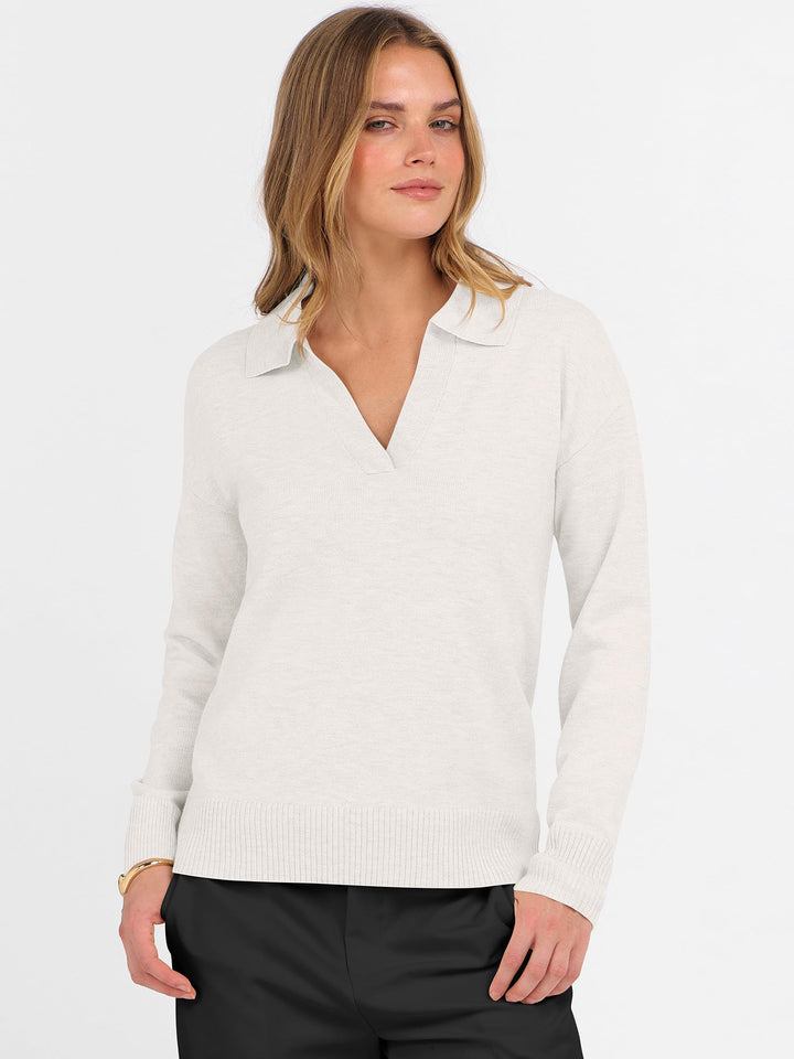 ANRABESS Womens Polo V Neck Long Sleeve Sweaters Lightweight Dressy Casual Business Basic Knit Pullover Top 2025 Fall Outfits