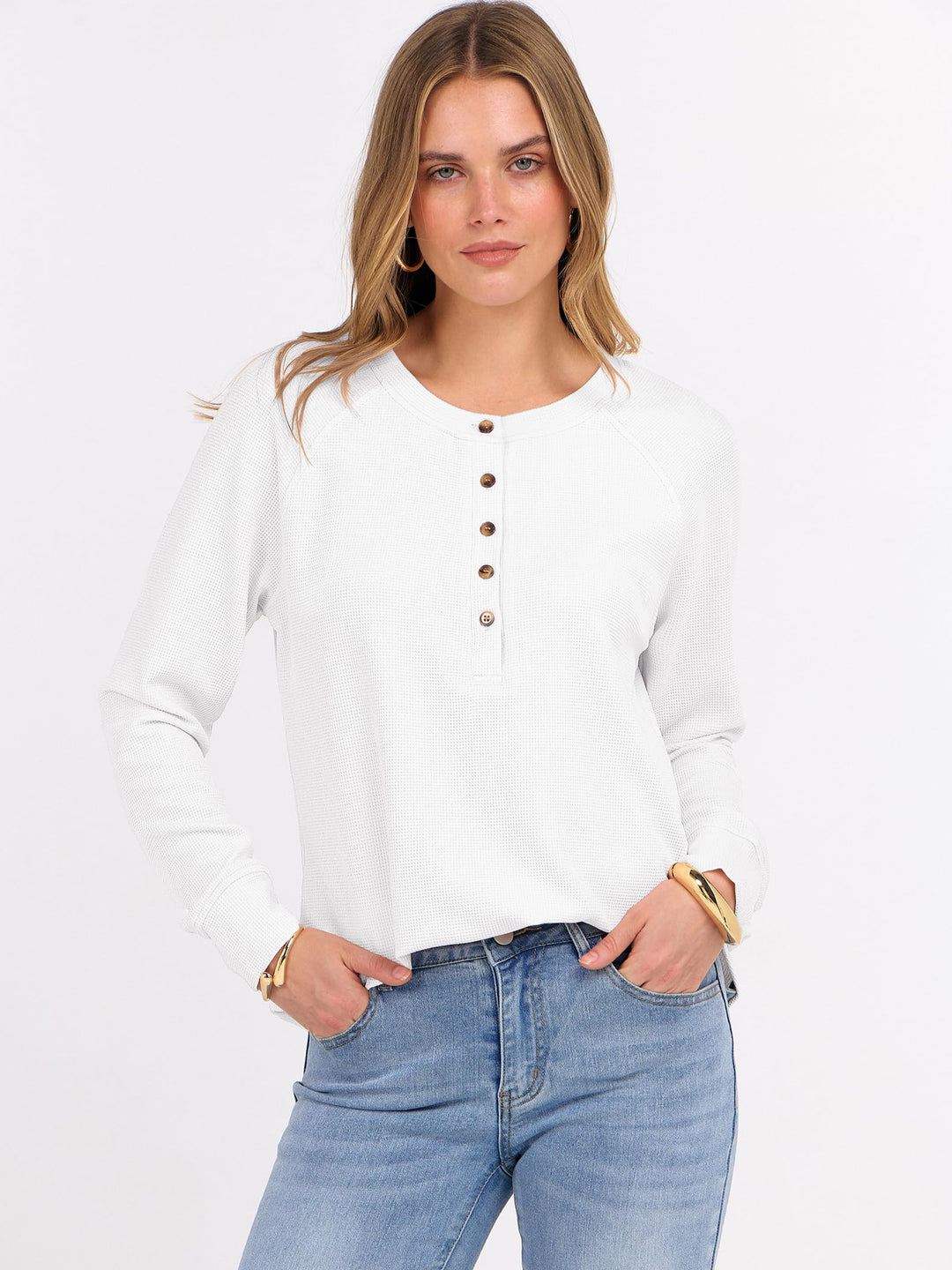 ANRABESS Women's Long Sleeve Waffle Knit Shirts Dressy Casual Loose Button Up V Neck Henley Tops 2025 Fall Basic Tee Blouse