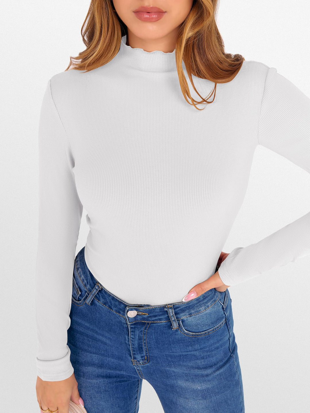 ANRABESS Women's Lettuce Trim Mock Neck Long Sleeve Tops 2025 Casual Dressy Ribbed Knit Slim Fit Tee Shirt Fall Layer Outfits