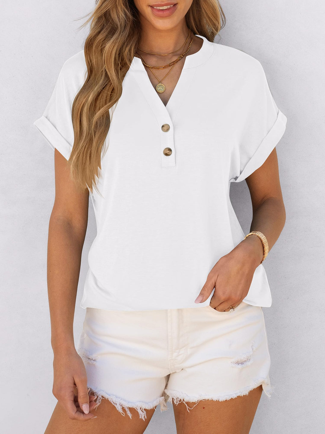 ANRABESS Womens Short Sleeve Henley Tops V Neck Dressy Casual Blouses Summer Trendy Tee Shirts 2025 Vacation Fashion Clothes