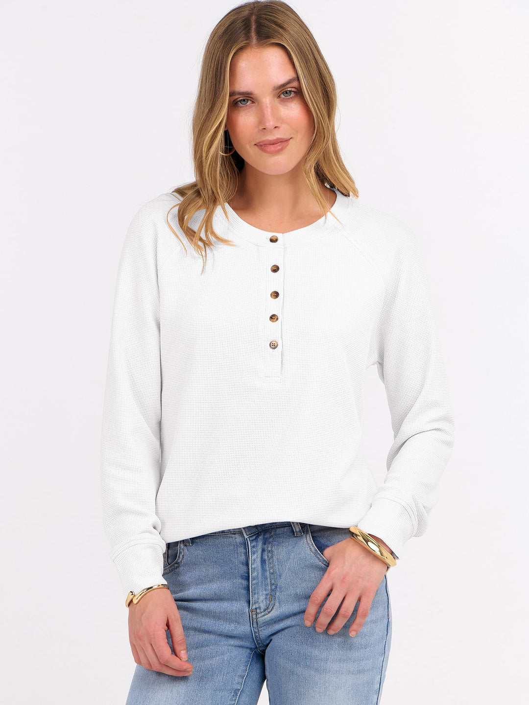 ANRABESS Women's Long Sleeve Waffle Knit Shirts Dressy Casual Loose Button Up V Neck Henley Tops 2025 Fall Basic Tee Blouse