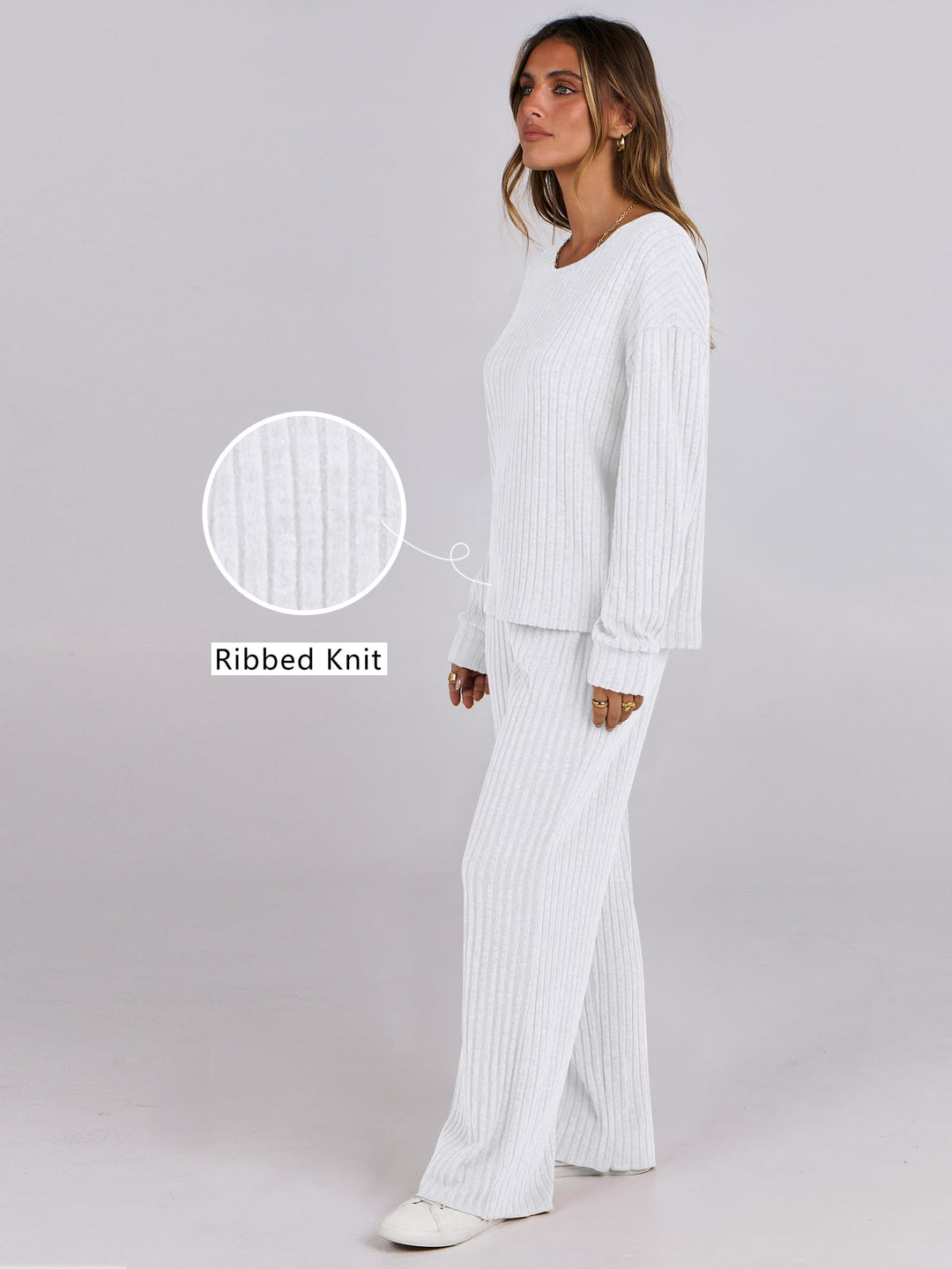 ANRABESS Women 2 Piece Lounge Pajamas Sets Casual Ribbed Knit Long Sleeve Top Pants Matching Set 2025 Fall Outfits Clothes