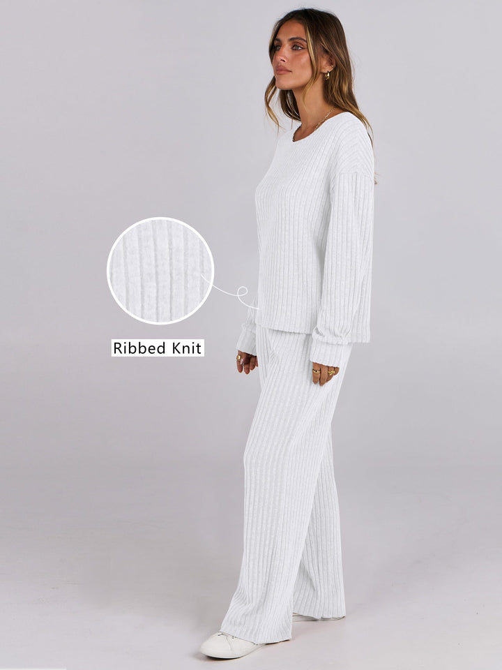 ANRABESS Women 2 Piece Lounge Pajamas Sets Casual Ribbed Knit Long Sleeve Top Pants Matching Set 2025 Fall Outfits Clothes