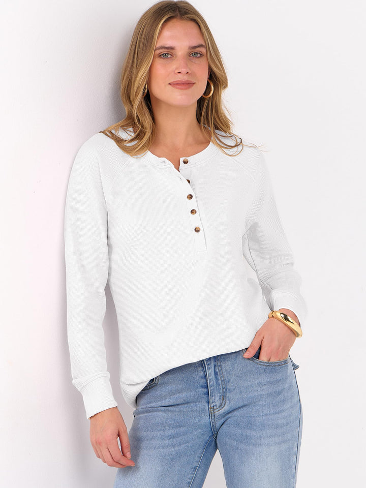 ANRABESS Women's Long Sleeve Waffle Knit Shirts Dressy Casual Loose Button Up V Neck Henley Tops 2025 Fall Basic Tee Blouse