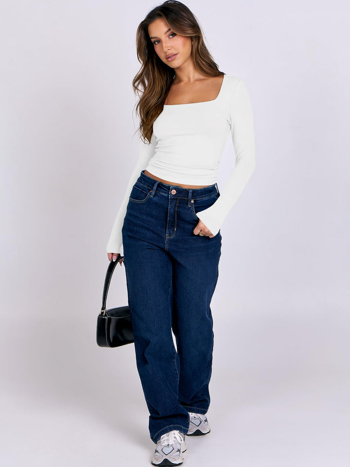 ANRABESS Women Long Sleeve Shirts Crop Tops Double Lined Square Neck Tight Fitted Going Out Basic Tee 2025 Y2K Fall Outifis