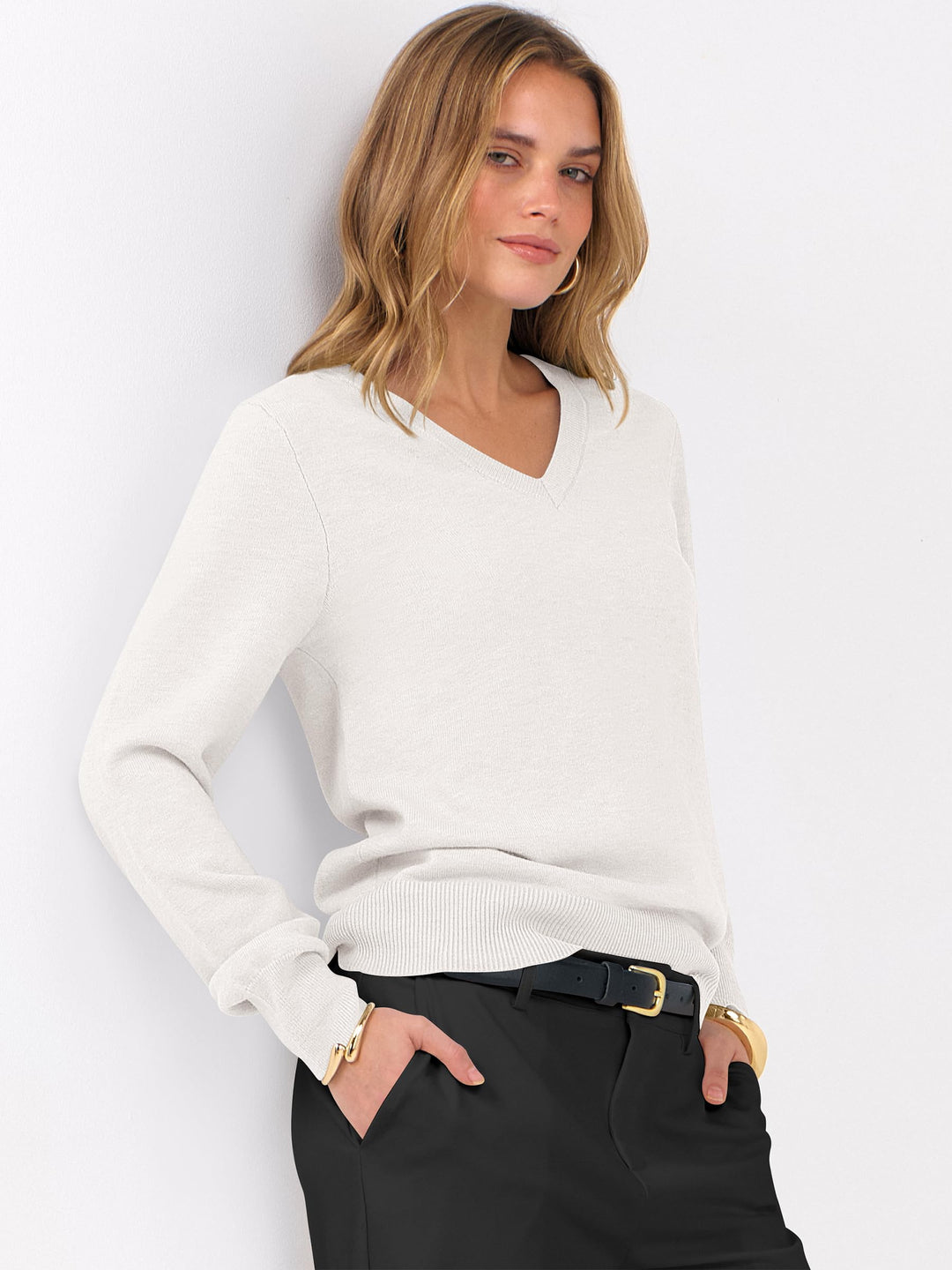 ANRABESS Womens Long Sleeve V Neck Sweaters 2025 Fall Fashion Wool Blend Work Pullover Top Travel Vacation Outfits