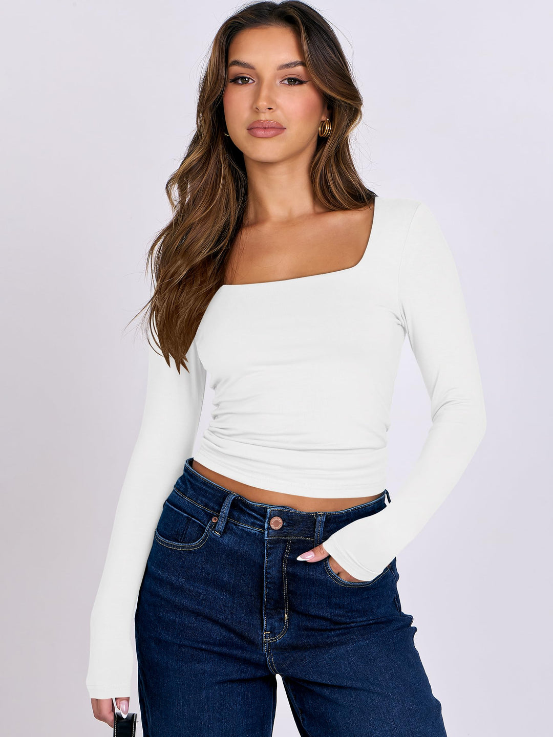 ANRABESS Women Long Sleeve Shirts Crop Tops Double Lined Square Neck Tight Fitted Going Out Basic Tee 2025 Y2K Fall Outifis