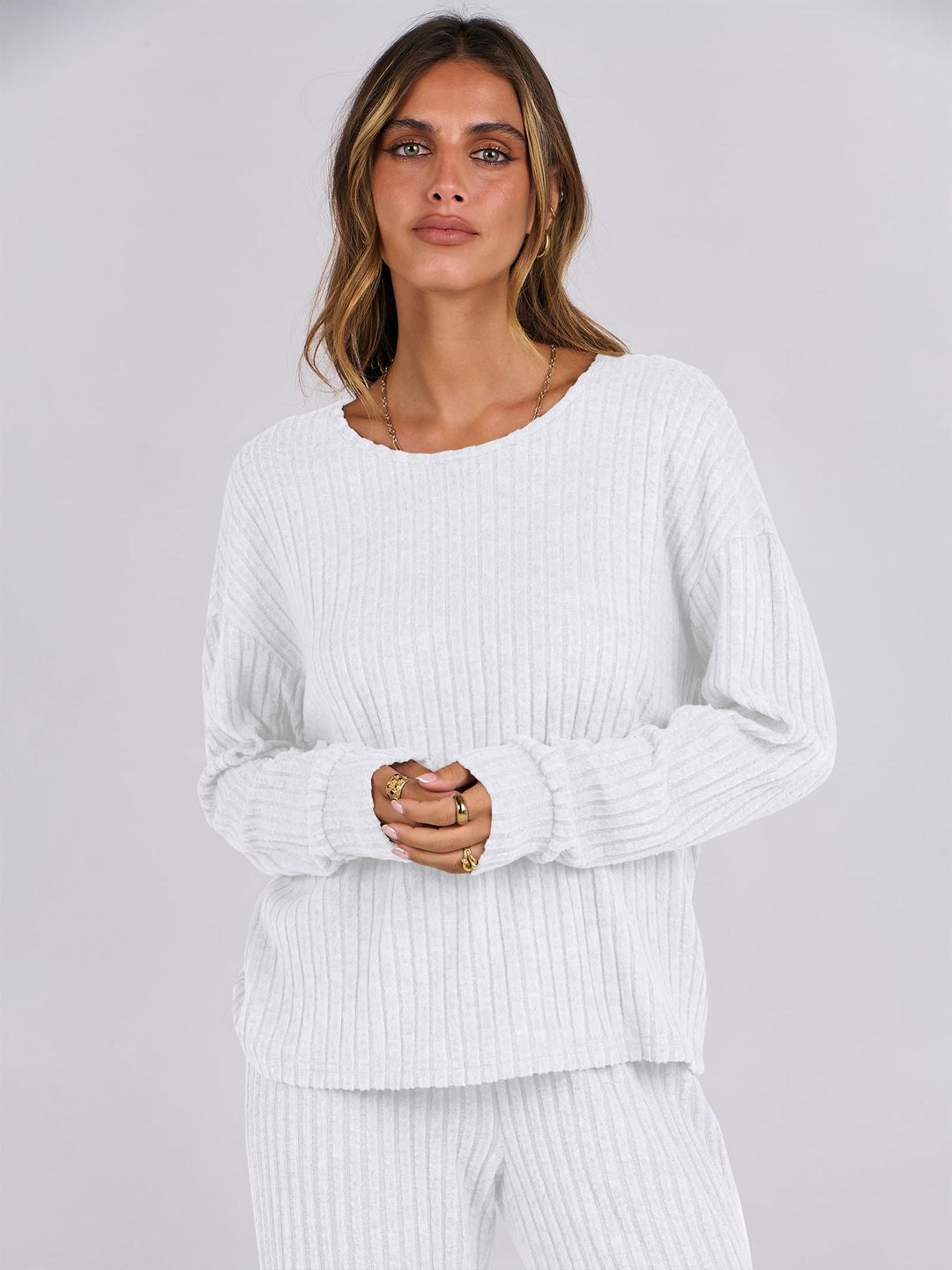 ANRABESS Women 2 Piece Lounge Pajamas Sets Casual Ribbed Knit Long Sleeve Top Pants Matching Set 2025 Fall Outfits Clothes