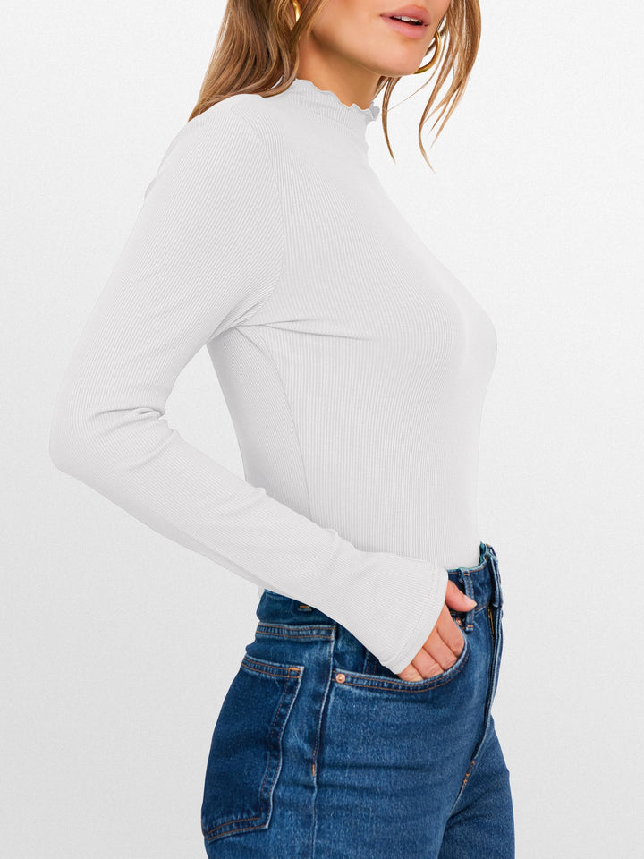 ANRABESS Women's Lettuce Trim Mock Neck Long Sleeve Tops 2025 Casual Dressy Ribbed Knit Slim Fit Tee Shirt Fall Layer Outfits